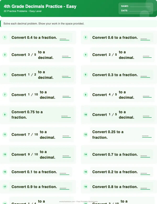 4th Grade Decimals Worksheets - Dinosaur Theme (Easy)