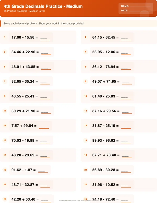 4th Grade Decimals Worksheets - Halloween Theme (Medium)