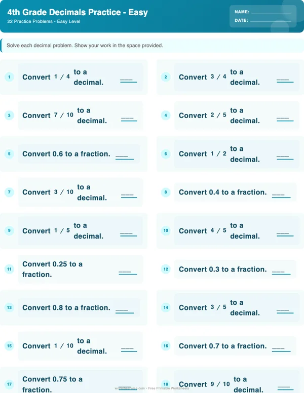 4th Grade Decimals Worksheets - Ocean Theme (Easy)