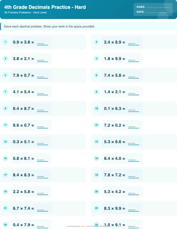 4th Grade Decimals Worksheets - Ocean Theme (Hard)