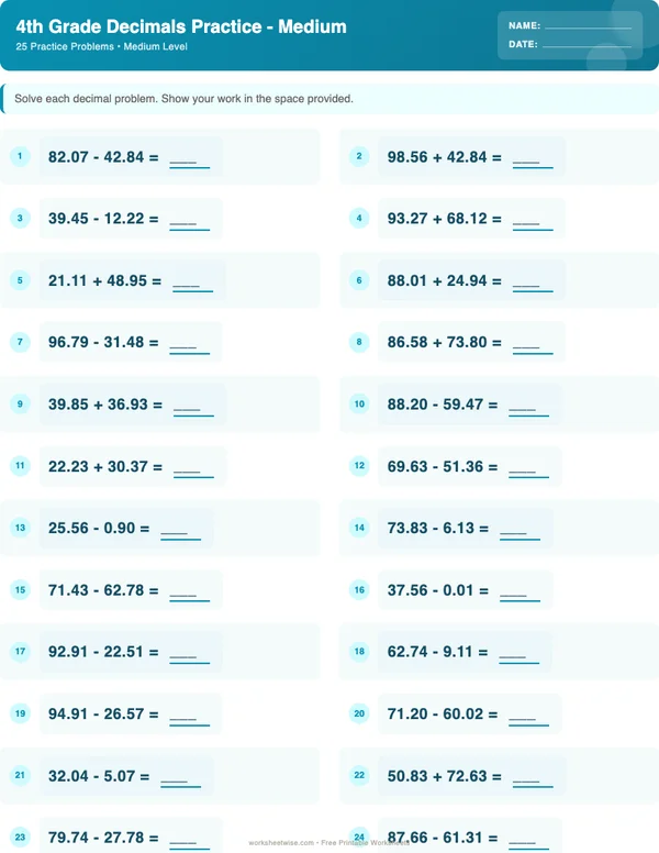 4th Grade Decimals Worksheets - Ocean Theme (Medium)