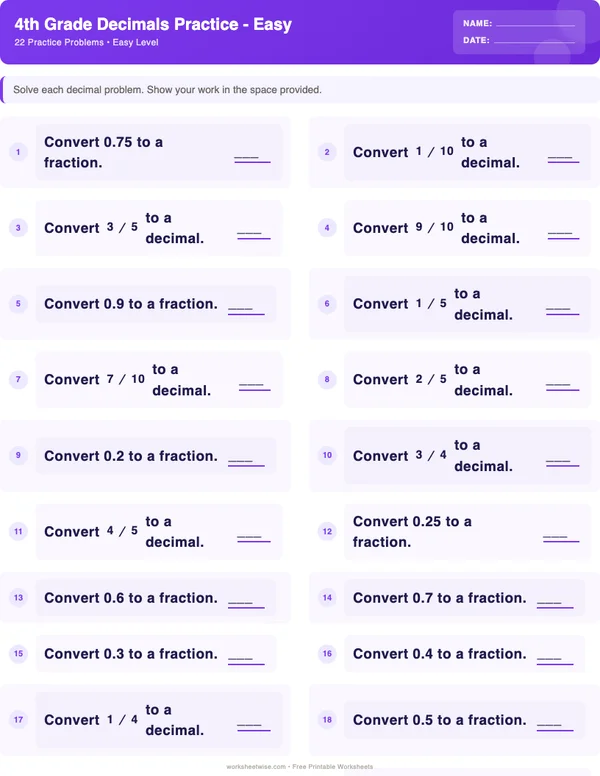 4th Grade Decimals Worksheets - Space Theme (Easy)