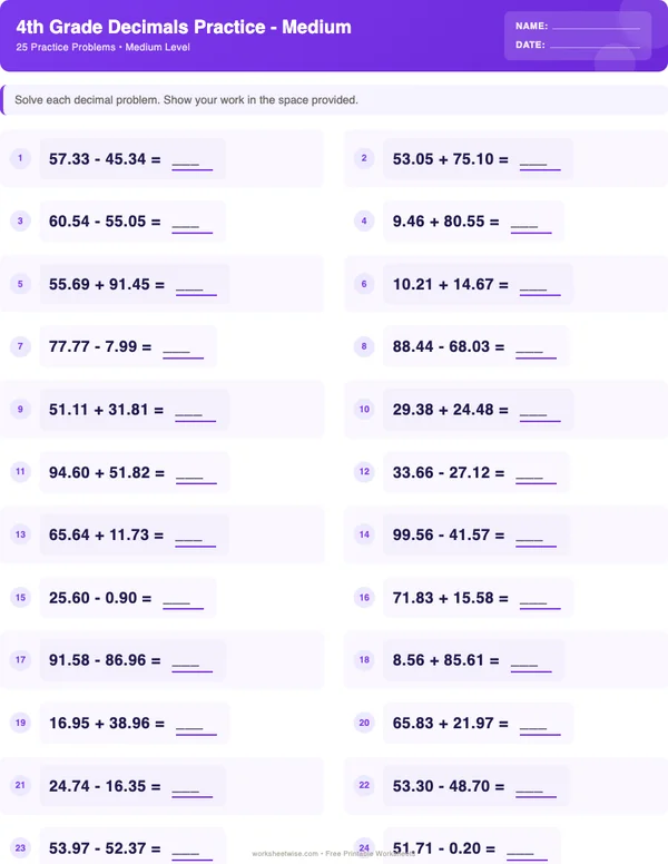 4th Grade Decimals Worksheets - Space Theme (Medium)