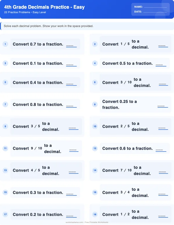 4th Grade Decimals Worksheets - Standard Theme (Easy)