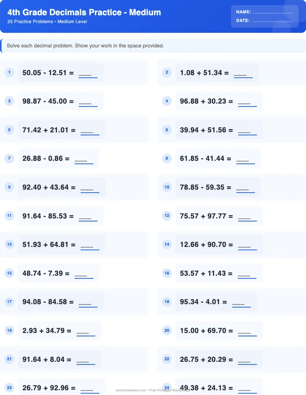 4th Grade Decimals Worksheets - Standard Theme (Medium)