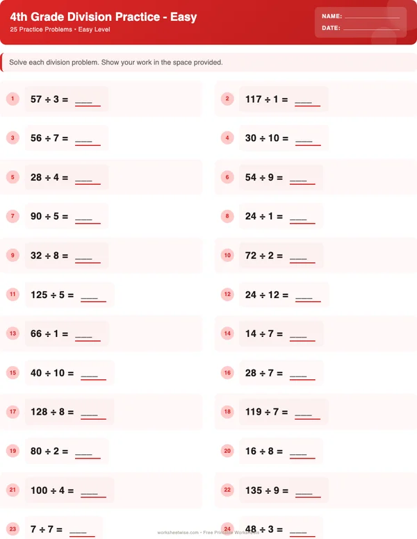 4th Grade Division Worksheets - Christmas Theme (Easy)