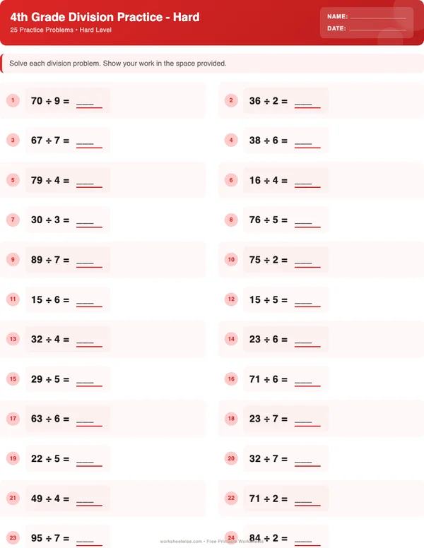 4th Grade Division Worksheets - Christmas Theme (Hard)