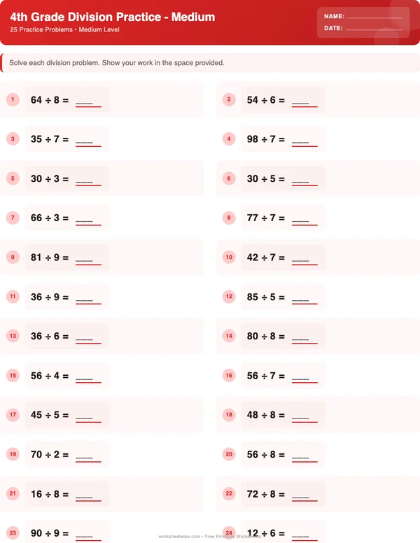 4th Grade Division Worksheets - Christmas Theme (Medium)