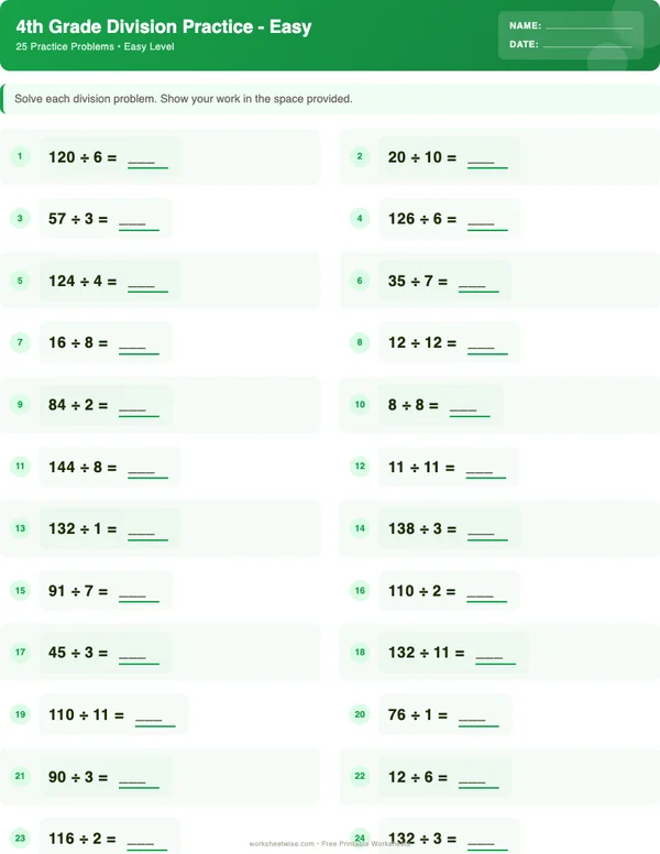 4th Grade Division Worksheets - Dinosaur Theme (Easy)