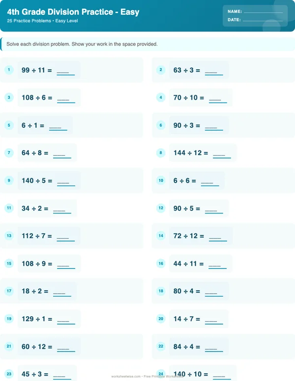 4th Grade Division Worksheets - Ocean Theme (Easy)