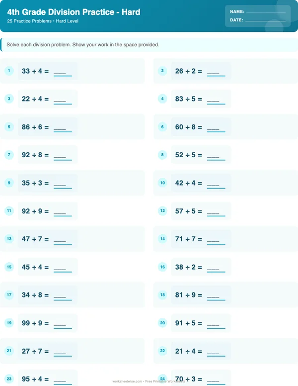 4th Grade Division Worksheets - Ocean Theme (Hard)
