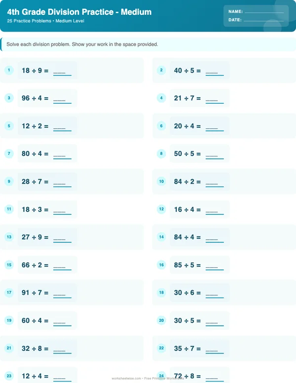 4th Grade Division Worksheets - Ocean Theme (Medium)