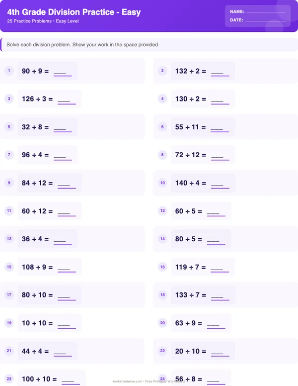 4th Grade Division Worksheets - Space Theme (Easy)