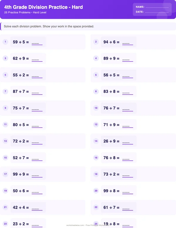 4th Grade Division Worksheets - Space Theme (Hard)