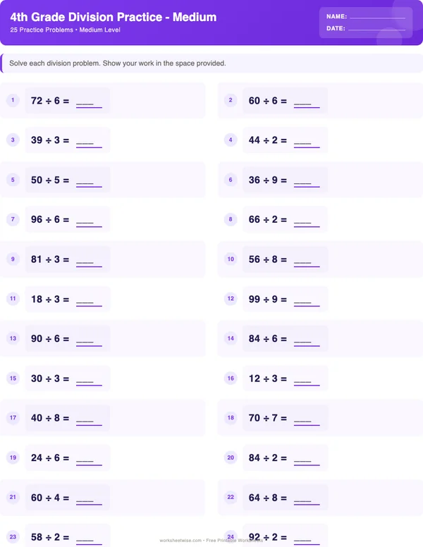 4th Grade Division Worksheets - Space Theme (Medium)