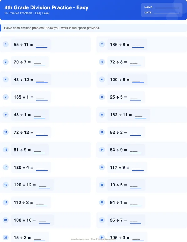 4th Grade Division Worksheets - Standard Theme (Easy)