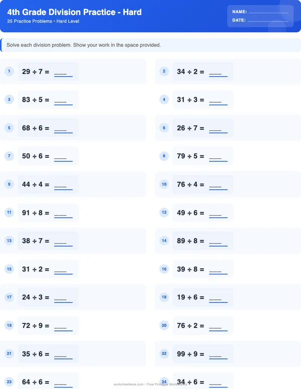 4th Grade Division Worksheets - Standard Theme (Hard)