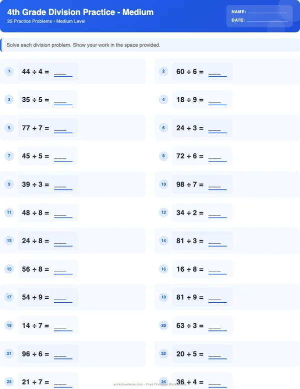 4th Grade Division Worksheets - Standard Theme (Medium)