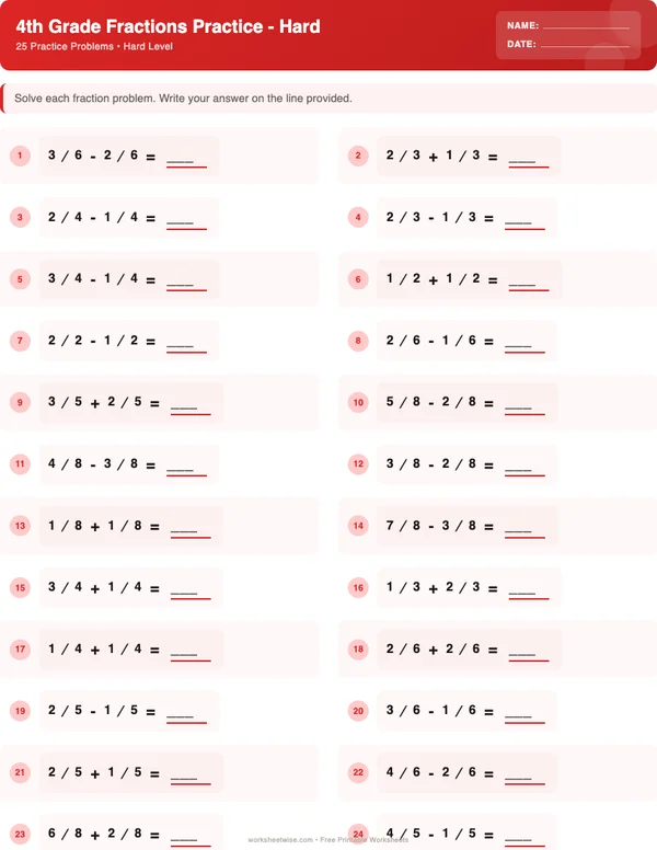 4th Grade Fractions Worksheets - Christmas Theme (Hard)