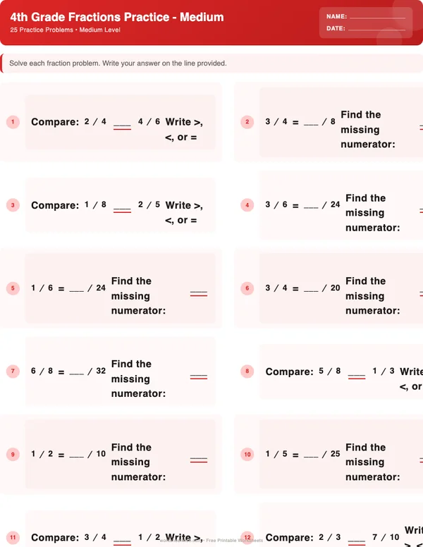 4th Grade Fractions Worksheets - Christmas Theme (Medium)