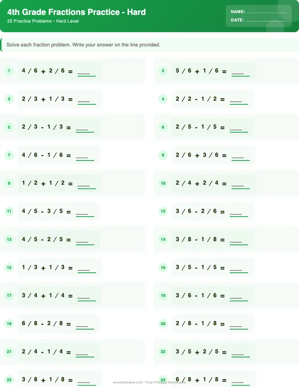 4th Grade Fractions Worksheets - Dinosaur Theme (Hard)