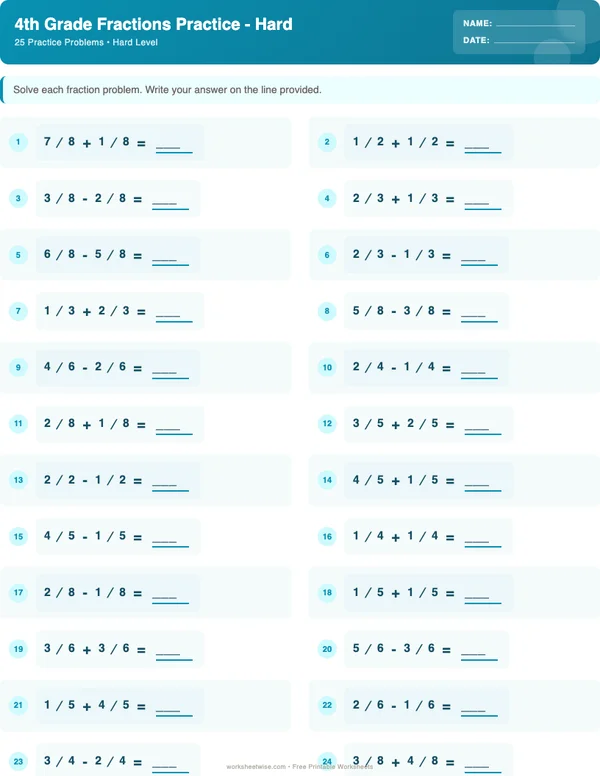 4th Grade Fractions Worksheets - Ocean Theme (Hard)