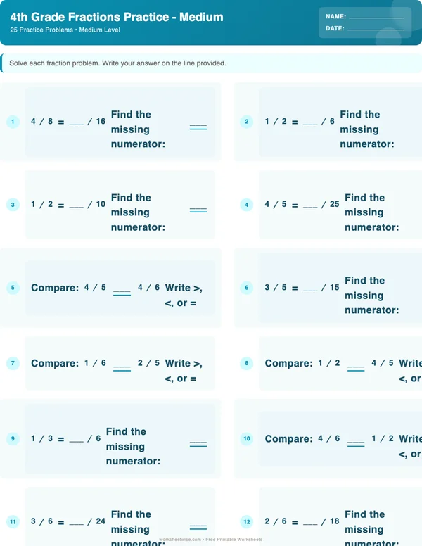 4th Grade Fractions Worksheets - Ocean Theme (Medium)