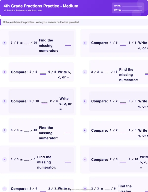 4th Grade Fractions Worksheets - Space Theme (Medium)