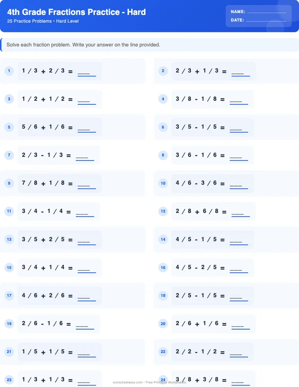 4th Grade Fractions Worksheets - Standard Theme (Hard)