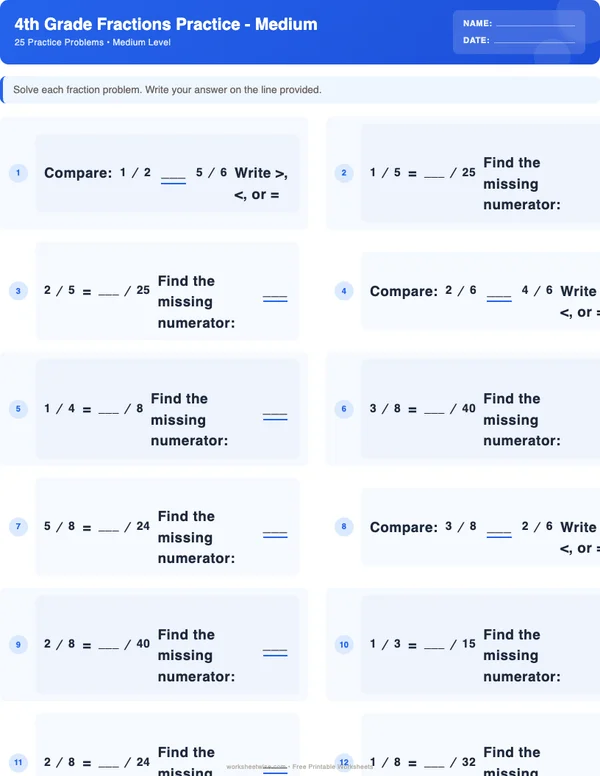 4th Grade Fractions Worksheets - Standard Theme (Medium)