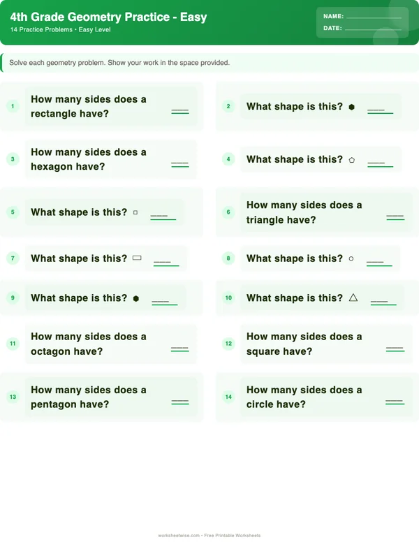 4th Grade Geometry Worksheets - Dinosaur Theme (Easy)