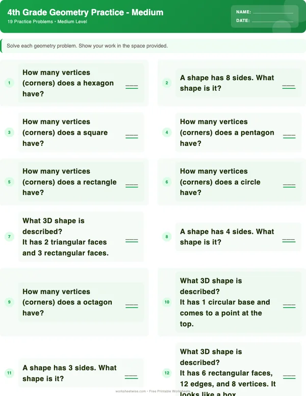 4th Grade Geometry Worksheets - Dinosaur Theme (Medium)