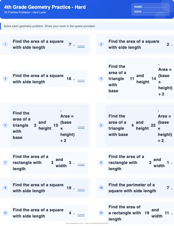 4th Grade Geometry Worksheets - Standard Theme (Hard)
