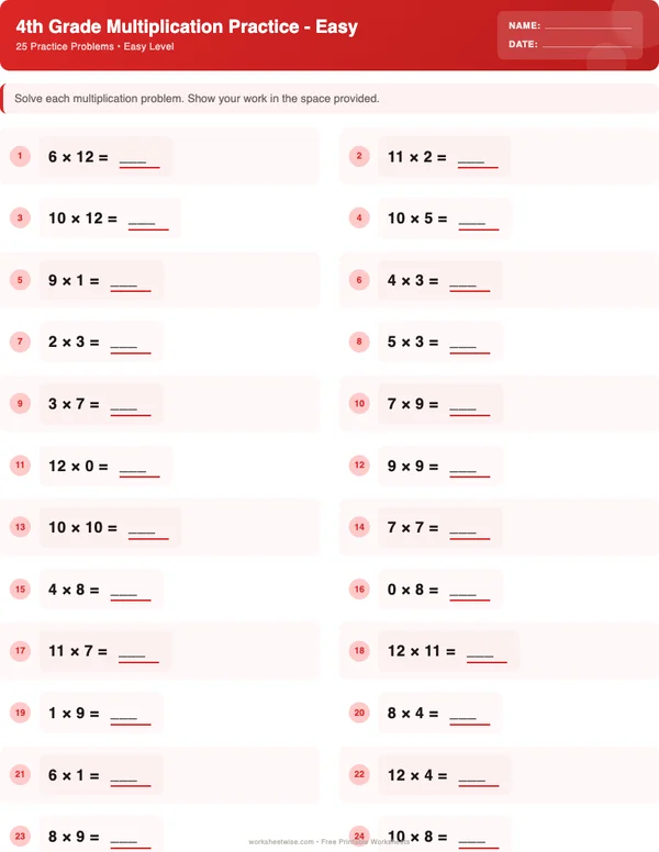 4th Grade Multiplication Worksheets - Christmas Theme (Easy)