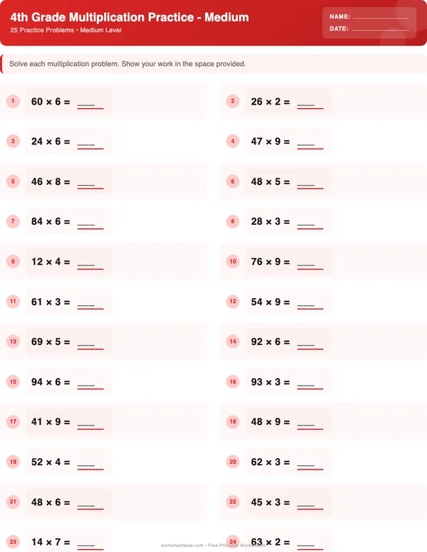 4th Grade Multiplication Worksheets - Christmas Theme (Medium)