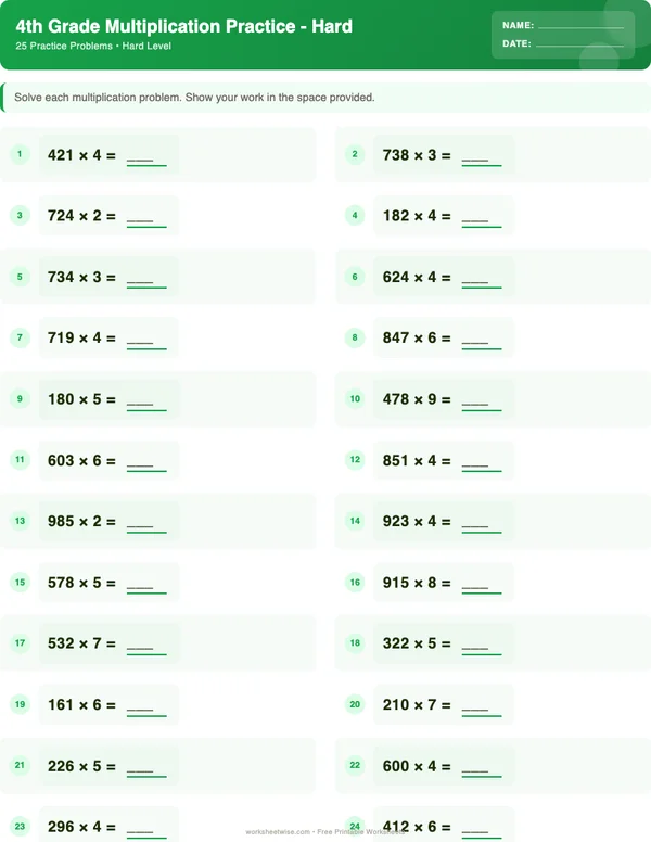 4th Grade Multiplication Worksheets - Dinosaur Theme (Hard)