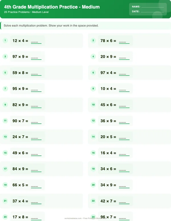4th Grade Multiplication Worksheets - Dinosaur Theme (Medium)