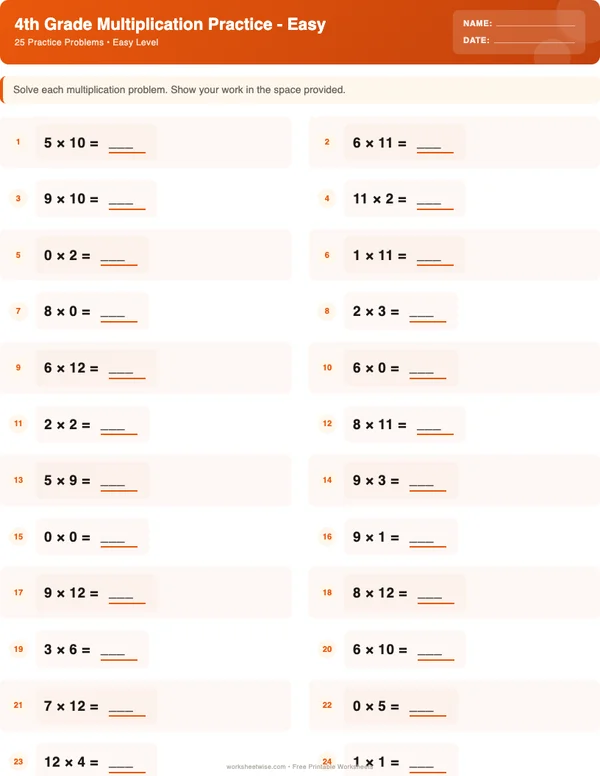 4th Grade Multiplication Worksheets - Halloween Theme (Easy)