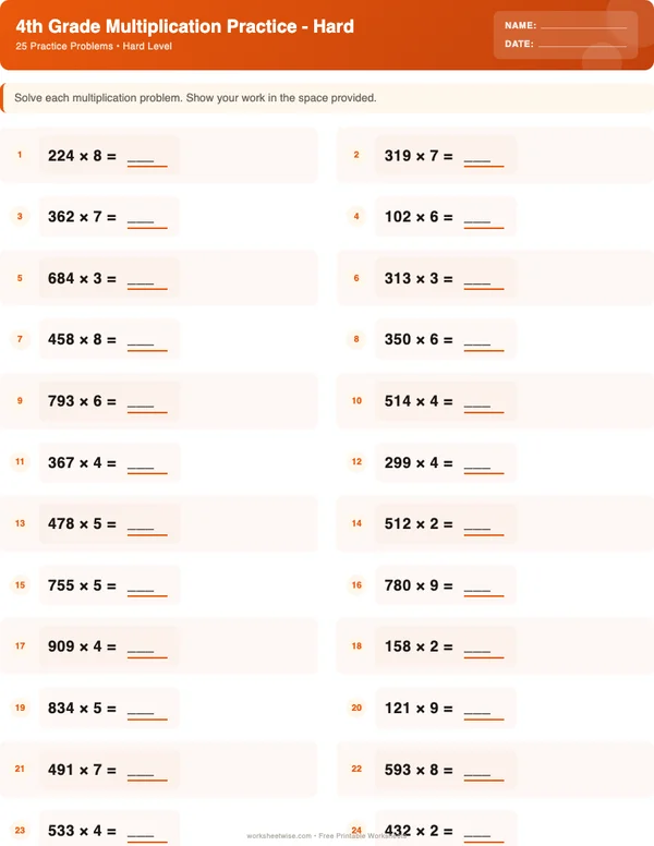 4th Grade Multiplication Worksheets - Halloween Theme (Hard)