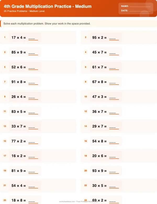 4th Grade Multiplication Worksheets - Halloween Theme (Medium)