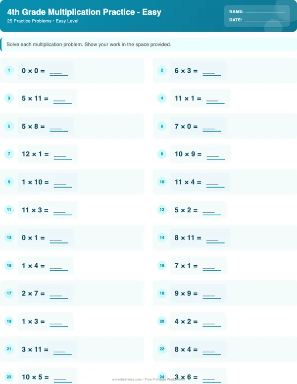 4th Grade Multiplication Worksheets - Ocean Theme (Easy)