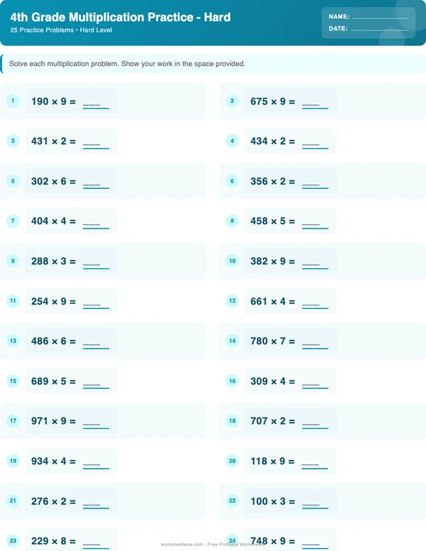 4th Grade Multiplication Worksheets - Ocean Theme (Hard)