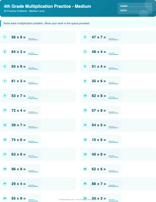 4th Grade Multiplication Worksheets - Ocean Theme (Medium)