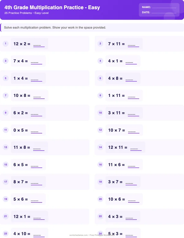 4th Grade Multiplication Worksheets - Space Theme (Easy)