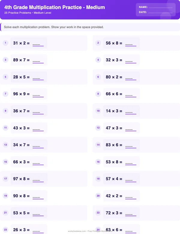 4th Grade Multiplication Worksheets - Space Theme (Medium)