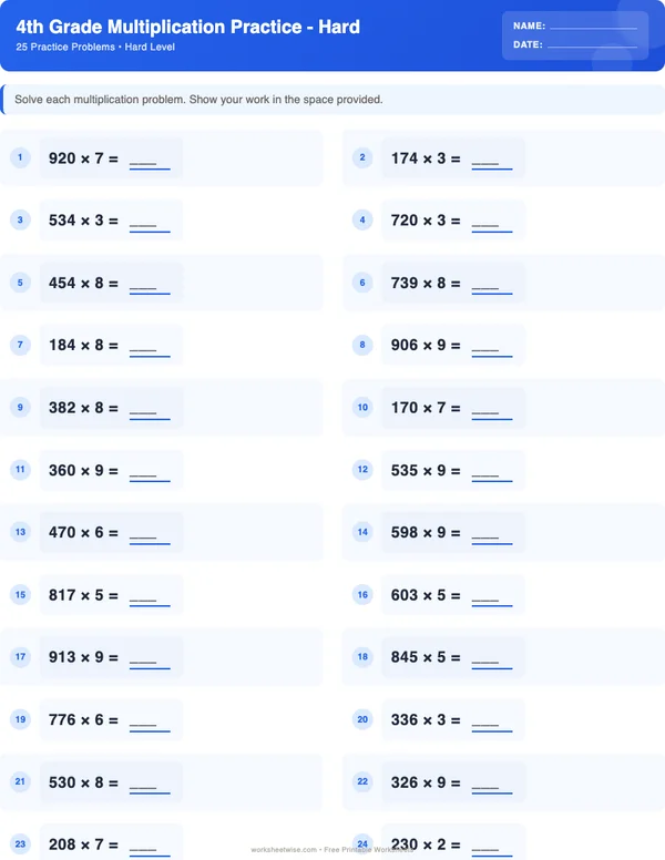 4th Grade Multiplication Worksheets - Standard Theme (Hard)
