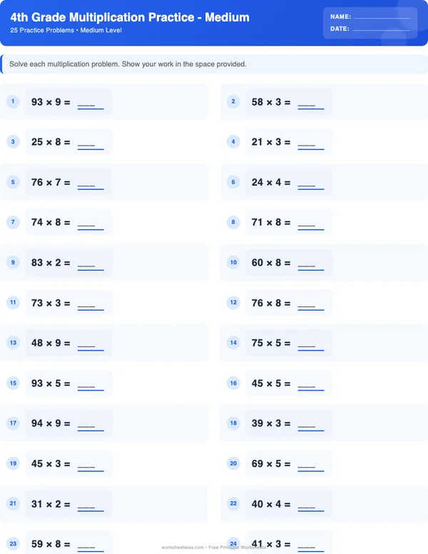 4th Grade Multiplication Worksheets - Standard Theme (Medium)
