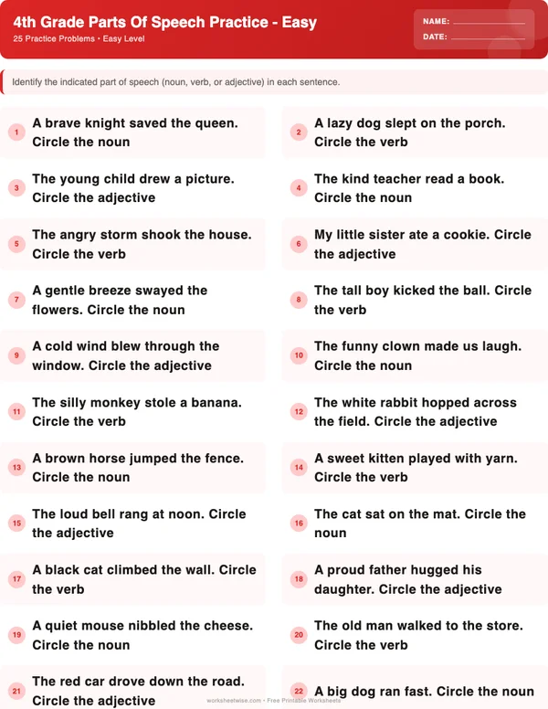 4th Grade Parts of Speech Worksheets - Christmas Theme (Easy)