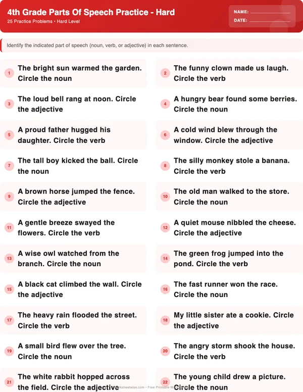4th Grade Parts of Speech Worksheets - Christmas Theme (Hard)