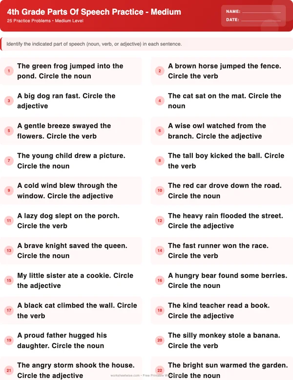 4th Grade Parts of Speech Worksheets - Christmas Theme (Medium)